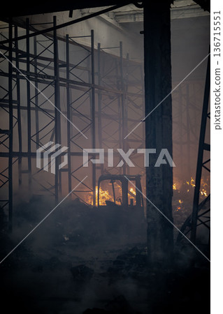 Burnt warehouse. Consequences of the fire. Burnt warehouse. Consequences of the fire. 136715551