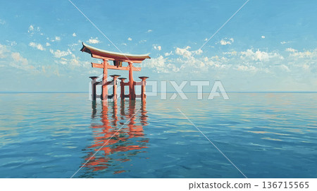 一座鳥居漂浮在藍天碧海之上，構成了一個夢幻般的景象。清新神秘的日式背景素材。 136715565