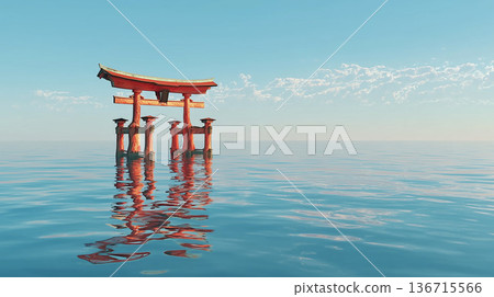 一座鳥居漂浮在藍天碧海之上,構成了一個夢幻般的景象。清新神秘的日式背景素材。 一座鳥居漂浮在藍天碧海之上,構成了一個夢幻般的景象。清新神秘的日式背景素材。 136715566