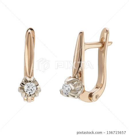 Rose gold diamond leverback earrings with two tone setting, isolated on white 136715657