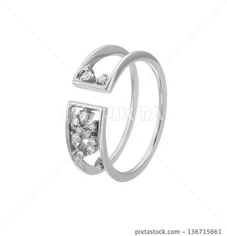 Modern white gold open bypass ring with diamond clusters, luxury jewelry on white Modern white gold open bypass ring with diamond clusters, luxury jewelry on white 136715661