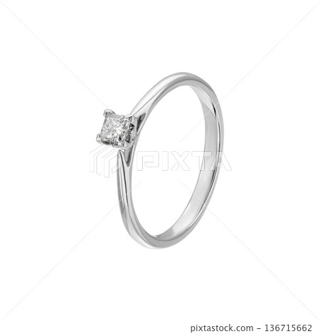 Minimal white gold solitaire ring with princess cut diamond, isolated on white 136715662