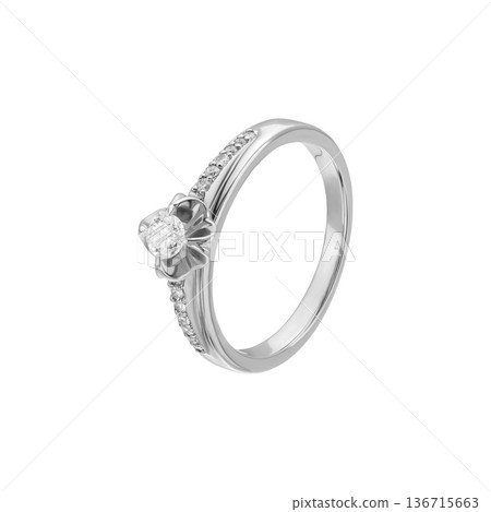 Flower solitaire diamond ring with pave band in white metal, isolated 136715663