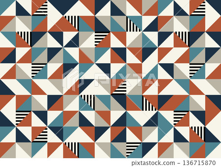 Seamless abstract geometric triangle pattern in Scandinavian style with terracotta and navy blue elements. Eps 10 136715870