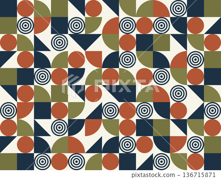 Seamless abstract geometric pattern in modern style with circles, semicircles and triangles. Eps 10 136715871