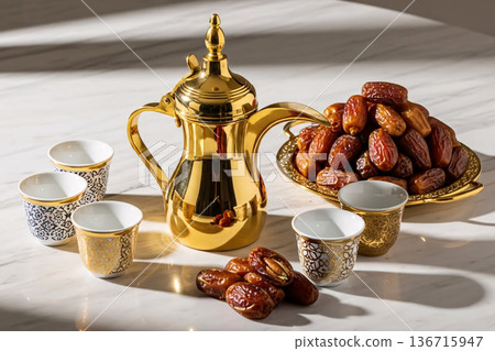 Arabic Coffee Dallah Along Dates Serveware Set and Marble Table 136715947