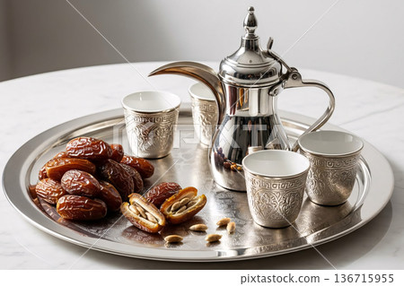 Arabic Coffee Dallah Along Dates Serveware Set and Marble Table 136715955