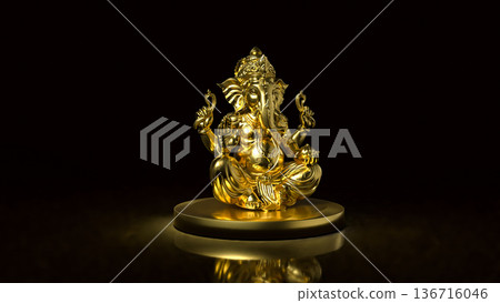 Golden Ganesha Statue on Dark Background 3d render. 136716046