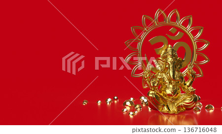 Golden Ganesha with Om Symbol on Red 3d render. Golden Ganesha with Om Symbol on Red 3d render. 136716048