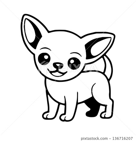 Cute cartoon chihuahua standing happily with a playful expression in a simple, outlined style 136716207