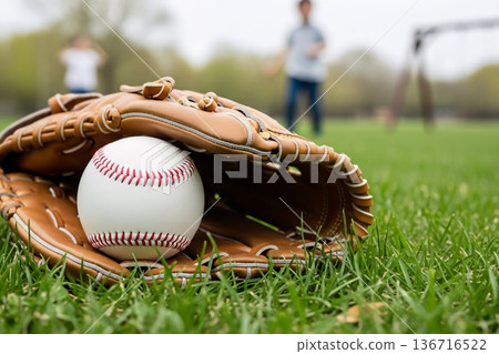 Fresh Grass Lawn over Game Baseball Glove and Spring Child 136716522