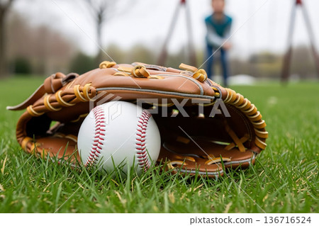 Fresh Grass Lawn over Game Baseball Glove and Spring Child 136716524