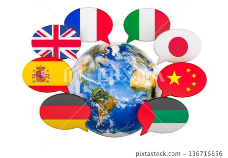 Speech bubbles with international flags around Earth. Languages, translation and global communication, 3D rendering 136716856