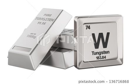 Tungsten metal ingots with W periodic table tile element symbol. 3D rendering Tungsten metal ingots with W periodic table tile element symbol. 3D rendering 136716868