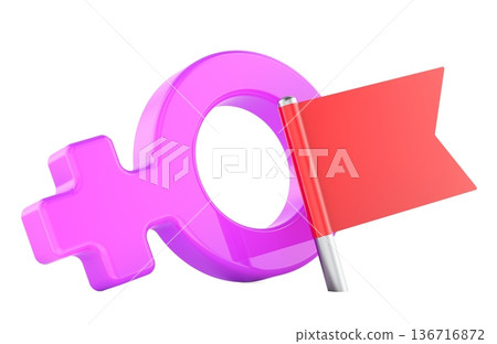 Female gender symbol with red flag, warning concept. 3D rendering Female gender symbol with red flag, warning concept. 3D rendering 136716872