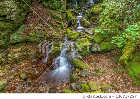 A waterfall flowing through moss and rock faces - a fantastical mountain stream captured with a slow shutter speed 136717257
