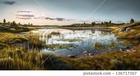 Lake water drying up in valley, generative AI 136717307