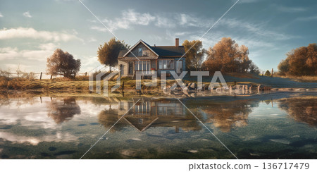 Lake water drying up in valley, generative AI 136717479