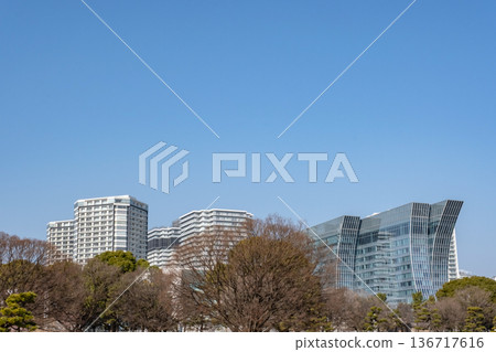 The skyscrapers of Minato Mirai can be seen beyond the forest 136717616