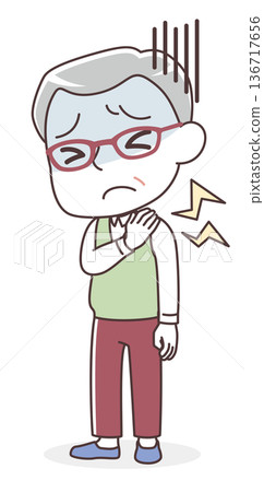 Illustration of a senior man suffering from severe stiff shoulders Illustration of a senior man suffering from severe stiff shoulders 136717656