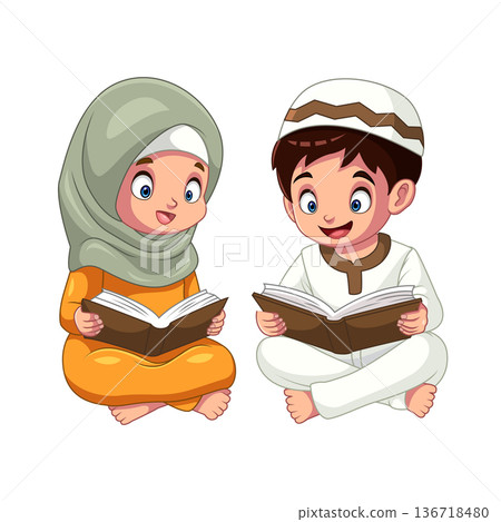 Cartoon of a boy and a girl sitting reading the Koran Cartoon of a boy and a girl sitting reading the Koran 136718480