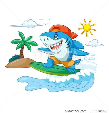 Cartoon of a cute shark surfing in the sea with waves 136718482