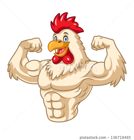 Cartoon rooster mascot showing big muscles Cartoon rooster mascot showing big muscles 136718485