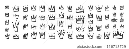 Crown Hand Drawn Doodle Collection with Sketchy Royal Icons. Black Ink Crowns in Different Styles for Branding Logos Stickers, Social Media Scrapbooking Collage Creative Design. Vector Illustration 136718729