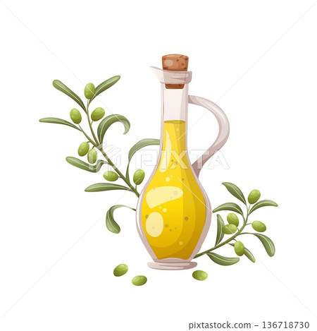 A bottle of olive oil with green olive branches 136718730