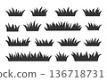 Grass Organic Growth Black Silhouettes Icon Set. Hand Drawn Meadow Lawn Elements for Landscape Design, Nature Eco Background. Greenery Grass Shapes Borders. DIY Stamping Stencils. Vector Illustration 136718731