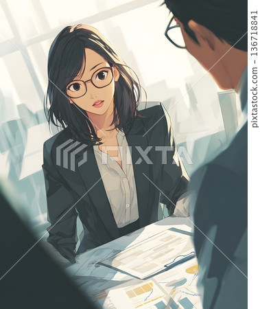 一位戴眼鏡的女商人正在辦公室認真傾聽。諮商、面試、輔導 136718841