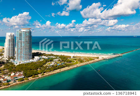 Aerial view of Miami Beach skyline. Drone shot of Miami cityscape. Aerial view of Miami Beach skyline. Drone shot of Miami cityscape. 136718941