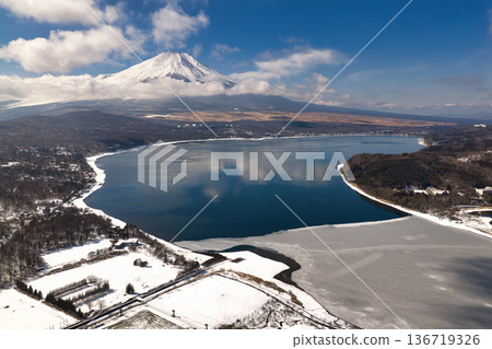 View of the majestic Mount Fuji and Lake Yamanaka from the Lake Yamanaka Myojinyama Panorama Deck, Yamanakako Village, Yamanashi Prefecture (aerial shot by drone) View of the majestic Mount Fuji and Lake Yamanaka from the Lake Yamanaka Myojinyama Panorama Deck, Yamanakako Village, Yamanashi Prefecture (aerial shot by drone) 136719326