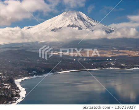 View of the majestic Mount Fuji and Lake Yamanaka from the Lake Yamanaka Myojinyama Panorama Deck, Yamanakako Village, Yamanashi Prefecture (aerial shot by drone) View of the majestic Mount Fuji and Lake Yamanaka from the Lake Yamanaka Myojinyama Panorama Deck, Yamanakako Village, Yamanashi Prefecture (aerial shot by drone) 136719327