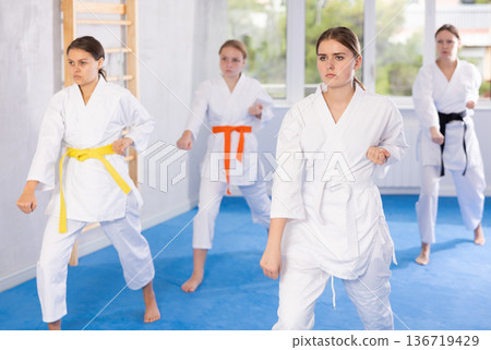 Teenage girls in kimono doing kata training Teenage girls in kimono doing kata training 136719429