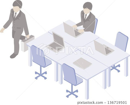 Isometric office work scene. Illustration of a business person working on a computer Isometric office work scene. Illustration of a business person working on a computer 136719501