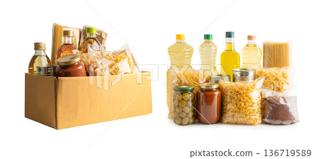 Foodstuff for donation, storage and delivery. Various food, pasta, cooking oil and canned food in cardboard box. 136719589