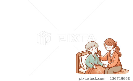 溫柔關懷的插圖，描繪了一位老人坐在床上，一位護理人員正在照顧他（透明背景）。 136719668