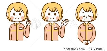 Collection of customer service poses for female convenience store clerks | Guidance, greetings, bowing Collection of customer service poses for female convenience store clerks | Guidance, greetings, bowing 136719866