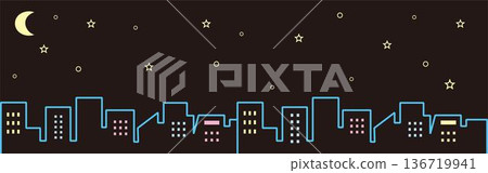 Background illustration of a night cityscape and a crescent moon. Horizontal banner material with images of starry skies, urban nights, and late nights Background illustration of a night cityscape and a crescent moon. Horizontal banner material with images of starry skies, urban nights, and late nights 136719941