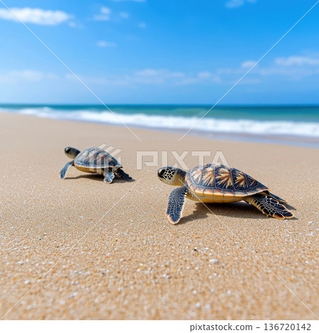 Sea turtle beach sand ocean wave blue sky wildlife nature tropical coastline sea turtle beach sand ocean wave blue sky wildlife nature tropical 136720142