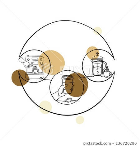 Modern one-line coffee art with abstract shapes. Minimalist continuous line drawing of barista, espresso machine and cafe elements for trendy branding. 136720290