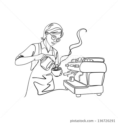 Minimalist one-line barista art with trendy abstract shapes. Continuous line drawing of a woman making coffee for modern cafe branding and aesthetic decor. 136720291