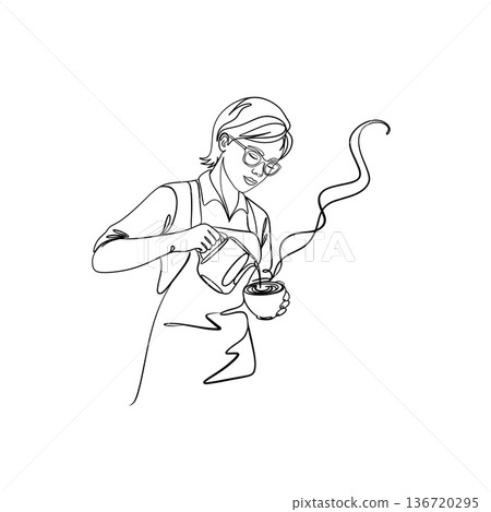 Minimalist one-line barista art with abstract shapes. Continuous line drawing of coffee making for modern cafe branding. 136720295