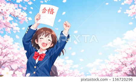 Announcement of successful applicants - Exam takers explode with joy surrounded by cherry blossoms in full bloom - Anime style 136720296
