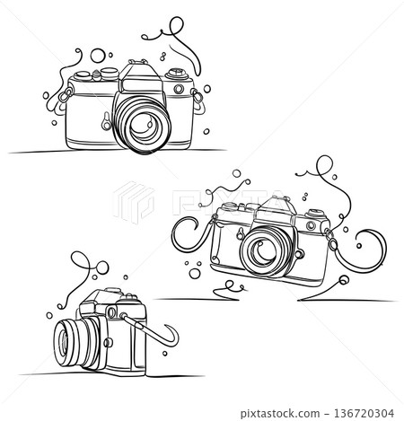 Minimalist continuous line art of vintage photo cameras, retro photography equipment black and white illustration set. Minimalist continuous line art of vintage photo cameras, retro photography equipment black and white illustration set. 136720304