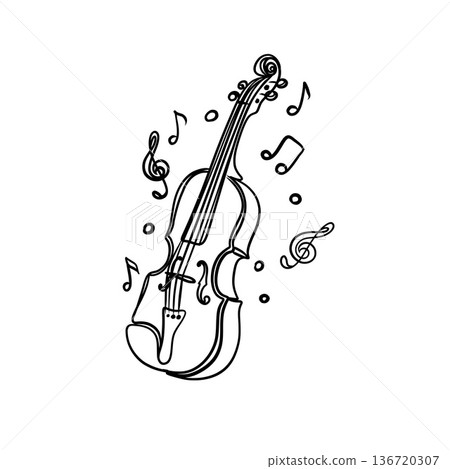 Minimalist continuous line art of a violin with floating musical notes, elegant classical music instrument black and white illustration. 136720307