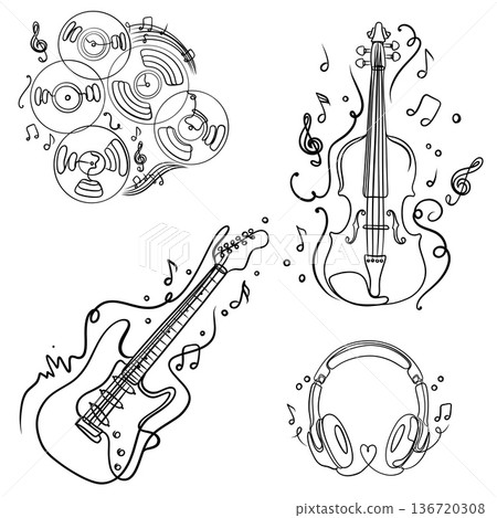 Minimalist continuous line art music set with electric guitar, violin, headphones, and vinyl records, retro musical instruments black and white illustration. 136720308