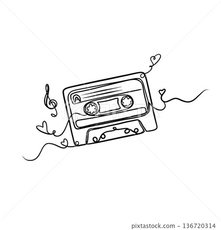Minimalist continuous line art of a vintage audio cassette with hearts and musical notes, retro 90s aesthetic black and white illustration. 136720314