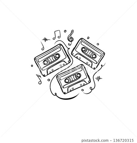 Minimalist continuous line art of vintage audio cassettes with musical notes, retro 90s aesthetic black and white illustration. Minimalist continuous line art of vintage audio cassettes with musical notes, retro 90s aesthetic black and white illustration. 136720315